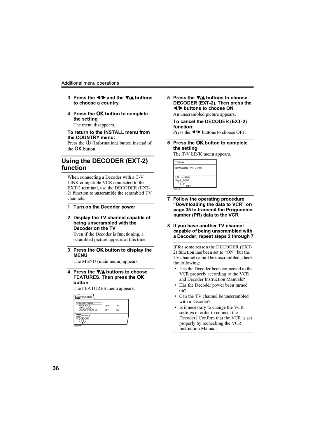 JVC AV-32H35SAE manual Using the Decoder EXT-2 function, To return to the Install menu from the Country menu, Menu 