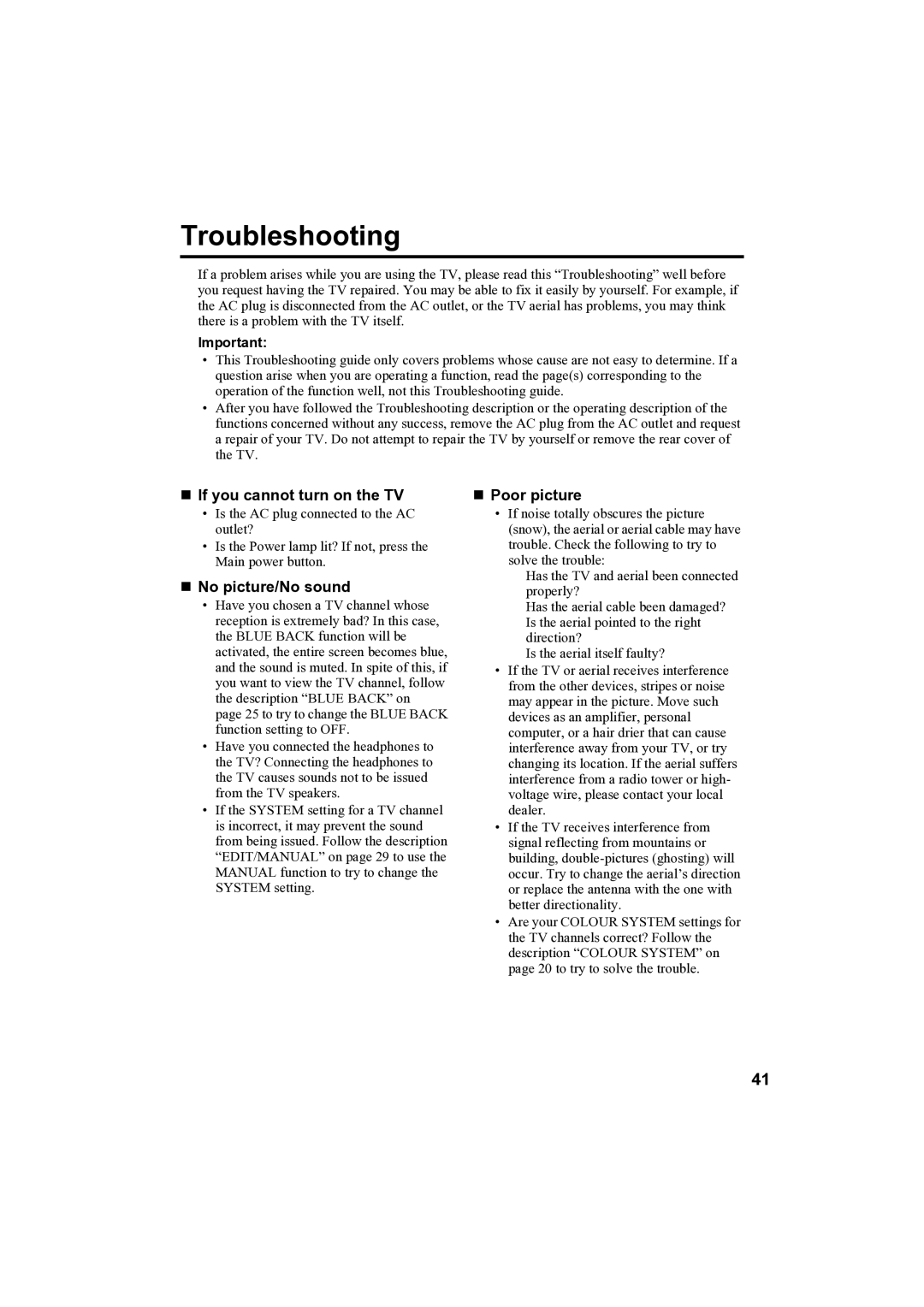 JVC AV-32H35SAE manual Troubleshooting, „ If you cannot turn on the TV, „ No picture/No sound, „ Poor picture 