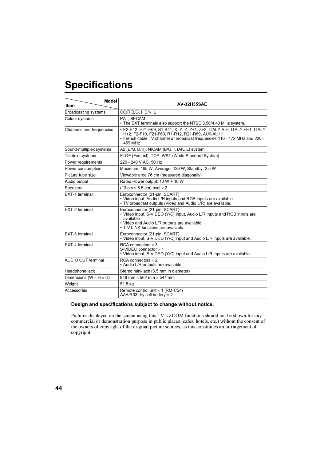 JVC AV-32H35SAE manual Specifications, Design and specifications subject to change without notice 