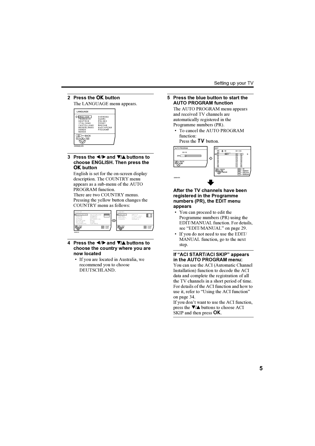 JVC AV-32H35SAE manual D0 002TV E -EN Back OK, Press the blue button to start the Auto Program function 