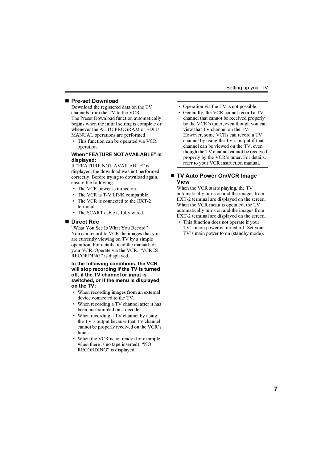 JVC AV-32H35SAE manual „ Pre-set Download, „ Direct Rec, „ TV Auto Power On/VCR Image View 