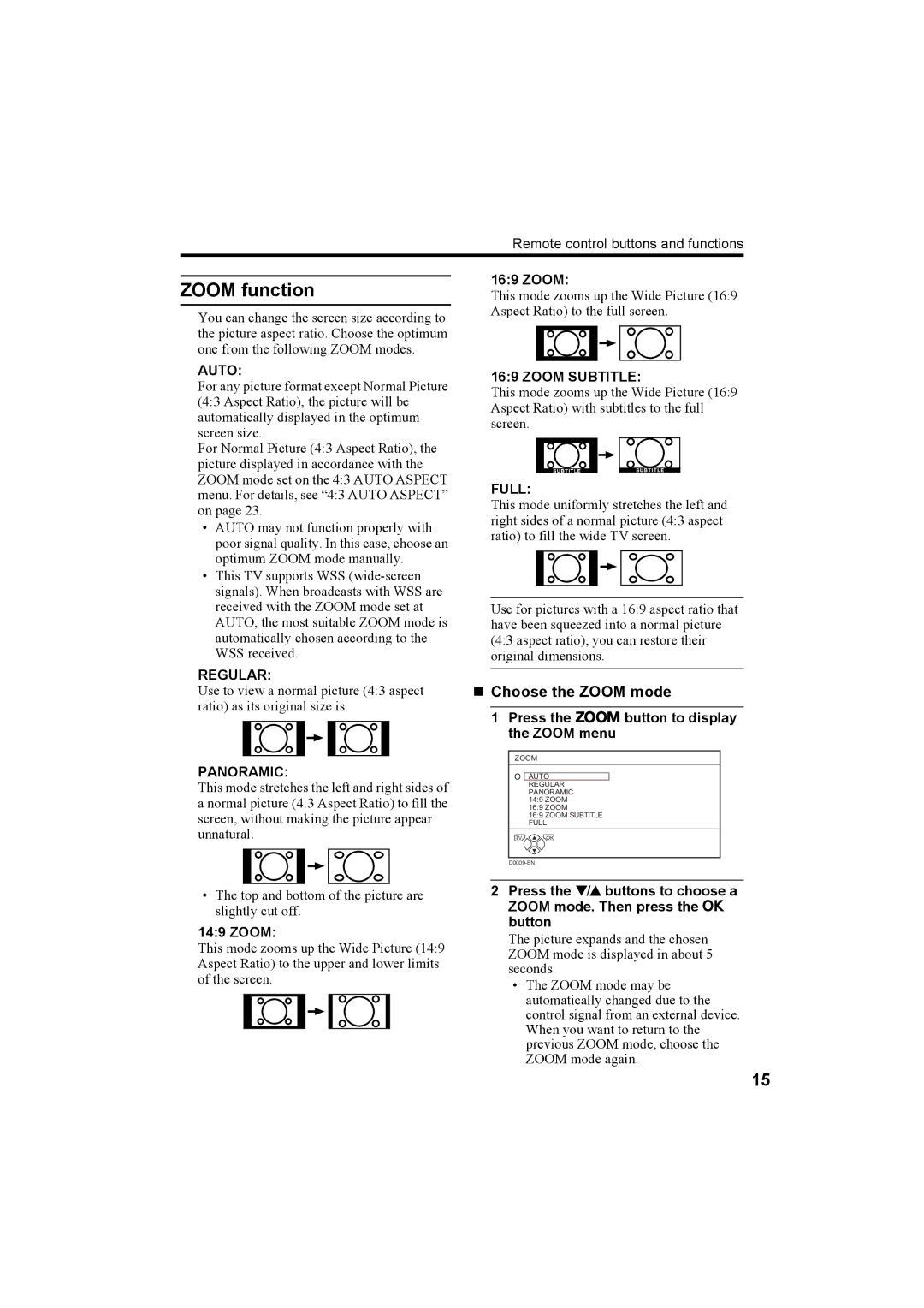 JVC AV-32H5SA manual Zoom function, „ Choose the Zoom mode 