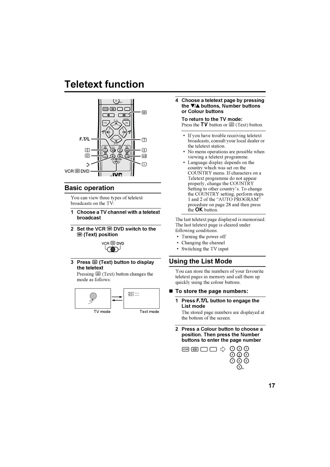 JVC AV-32H5SA manual Teletext function, Basic operation, Using the List Mode, „ To store the page numbers 