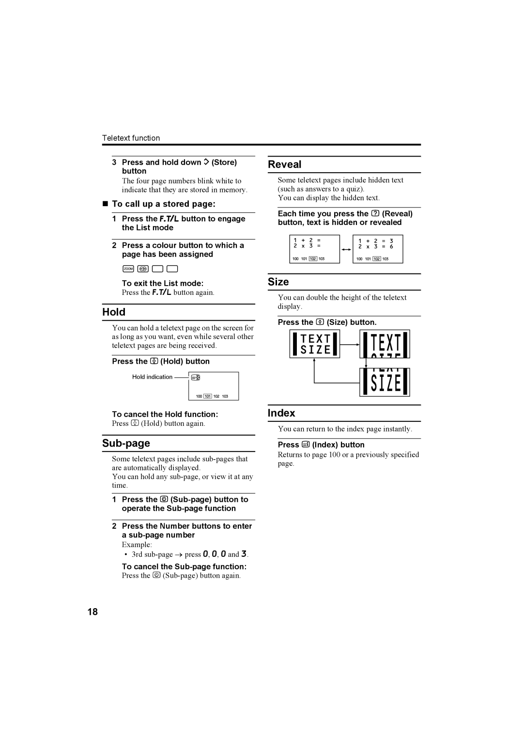 JVC AV-32H5SA manual Hold, Sub-page, Reveal, Size, Index 