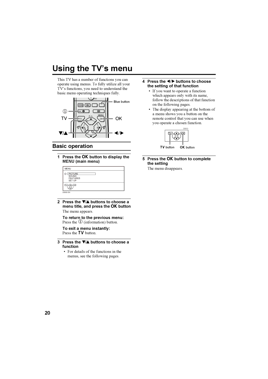 JVC AV-32H5SA manual Using the TV’s menu 