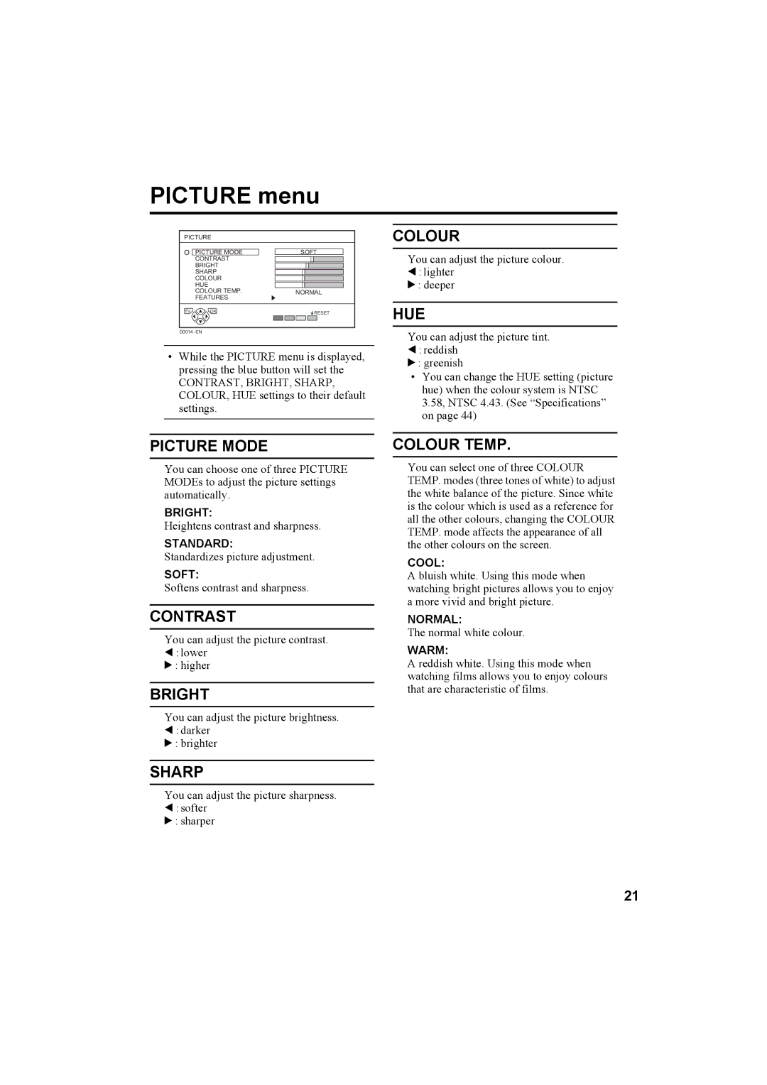 JVC AV-32H5SA manual Picture menu 