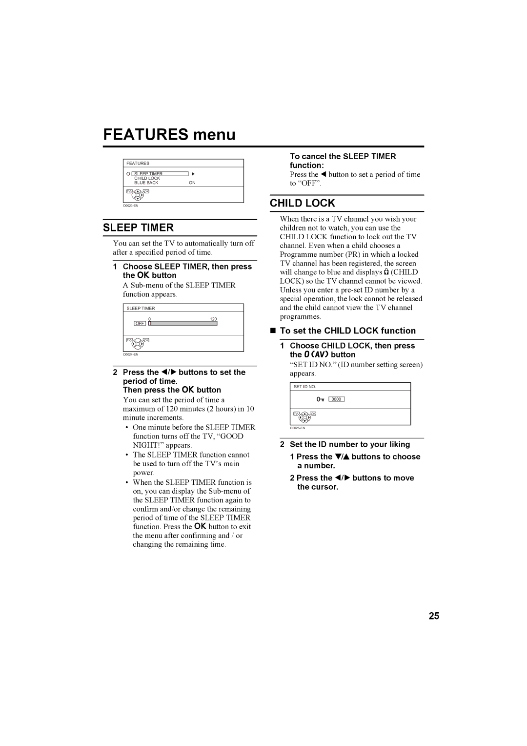 JVC AV-32H5SA manual Features menu, Sleep Timer, „ To set the Child Lock function 