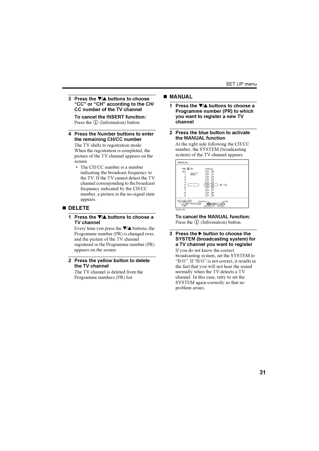 JVC AV-32H5SA manual „ Manual, „ Delete 