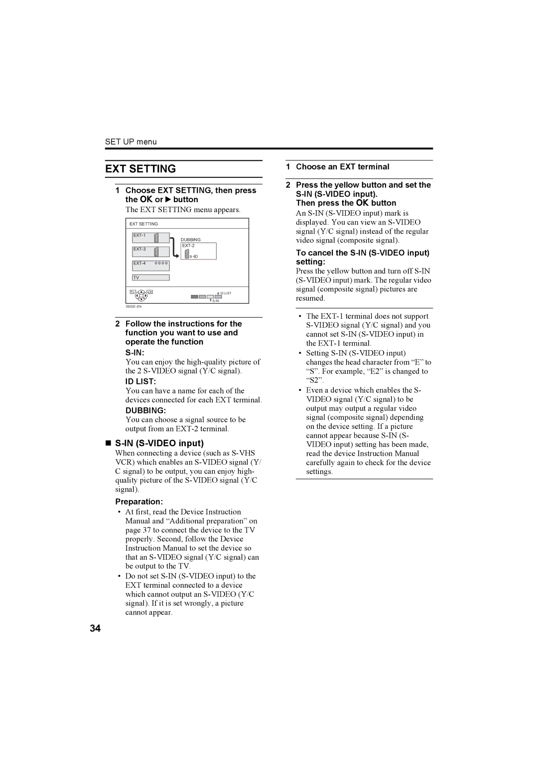 JVC AV-32H5SA manual EXT Setting, „ S-IN S-VIDEO input, ID List, Dubbing 