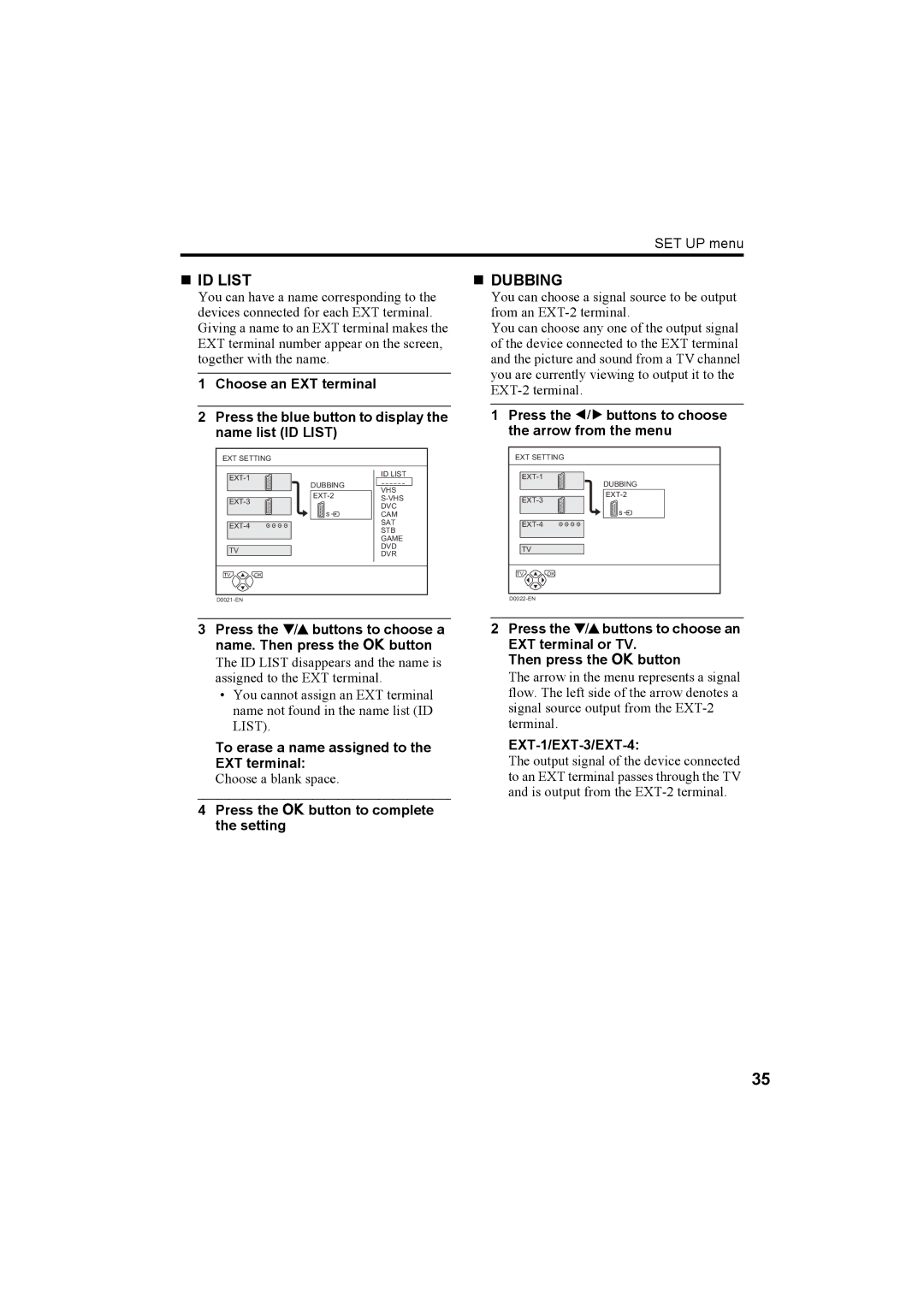 JVC AV-32H5SA manual „ ID List, „ Dubbing, To erase a name assigned to the EXT terminal, EXT-1/EXT-3/EXT-4 