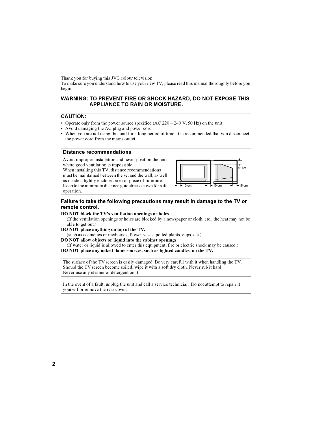 JVC AV-32H5SA manual Distance recommendations, Do not block the TV’s ventilation openings or holes 