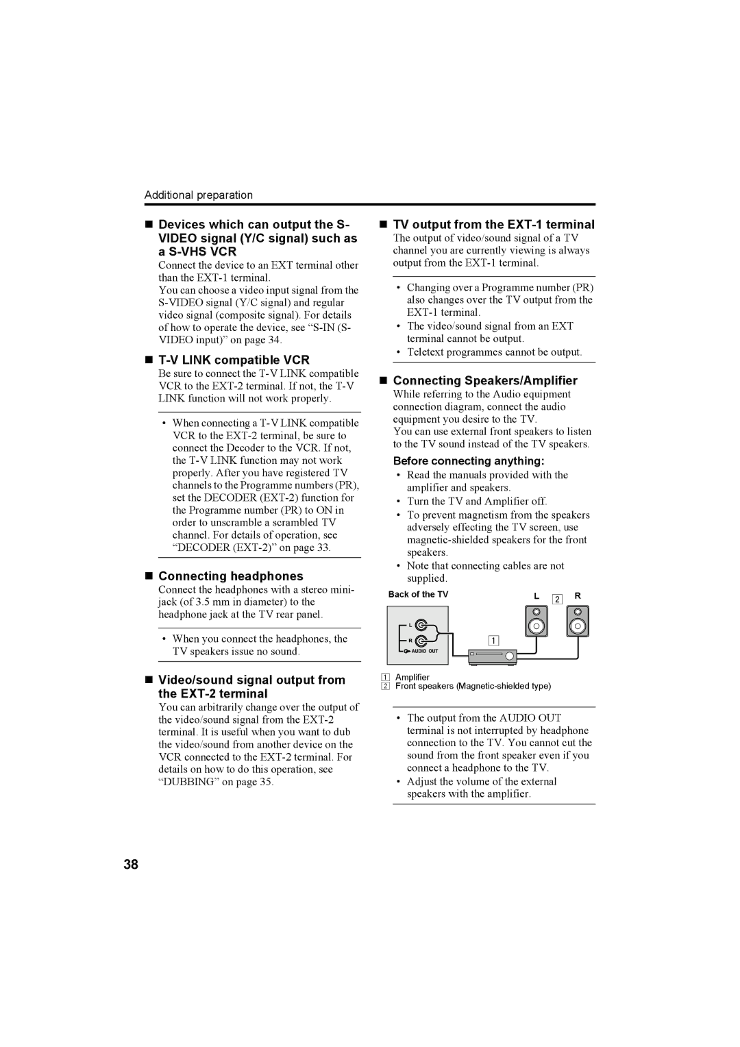 JVC AV-32H5SA „ T-V Link compatible VCR, „ Connecting headphones, „ Video/sound signal output from the EXT-2 terminal 