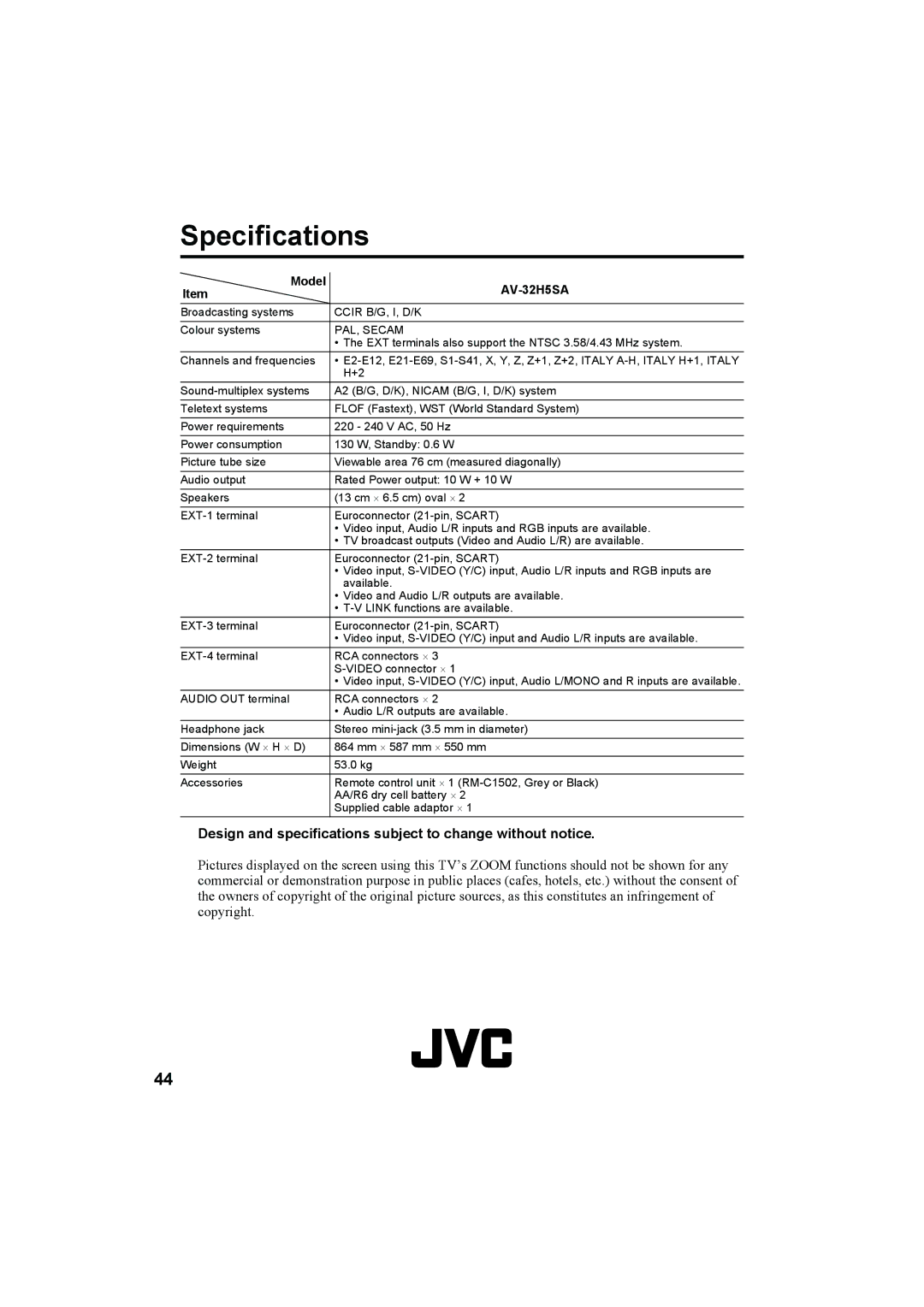 JVC AV-32H5SA manual Specifications, Design and specifications subject to change without notice 