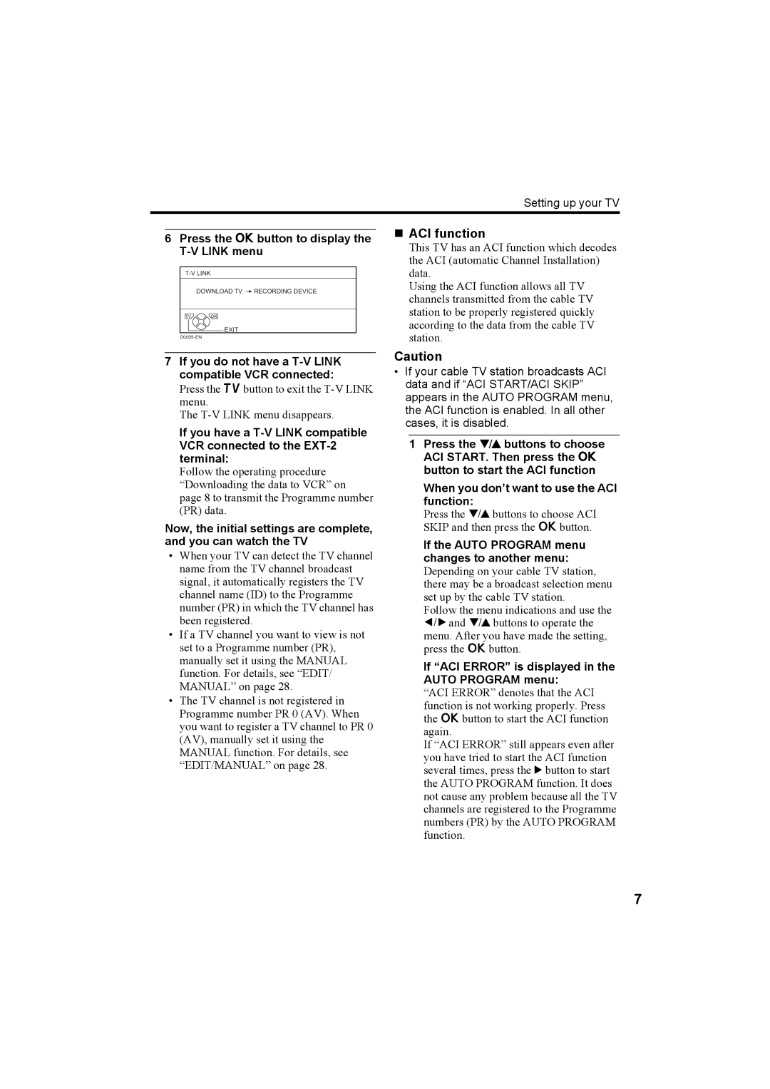 JVC AV-32H5SA manual „ ACI function, Press the a button to display the T-V Link menu 