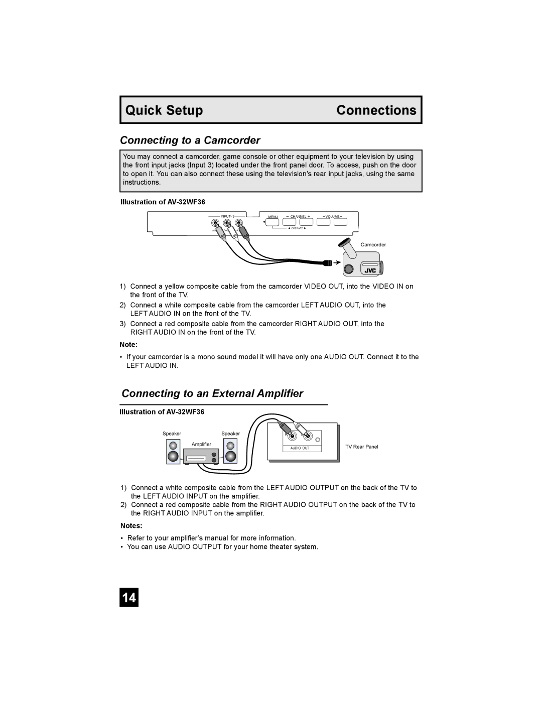 JVC AV-32MF36, AV-27MF36 manual Connecting to a Camcorder, Connecting to an External Amplifier 