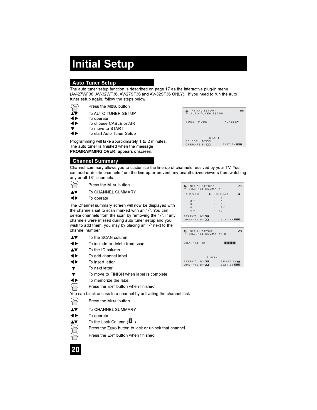 JVC AV-32MF36, AV-27MF36 manual Initial Setup, Auto Tuner Setup, Channel Summary 