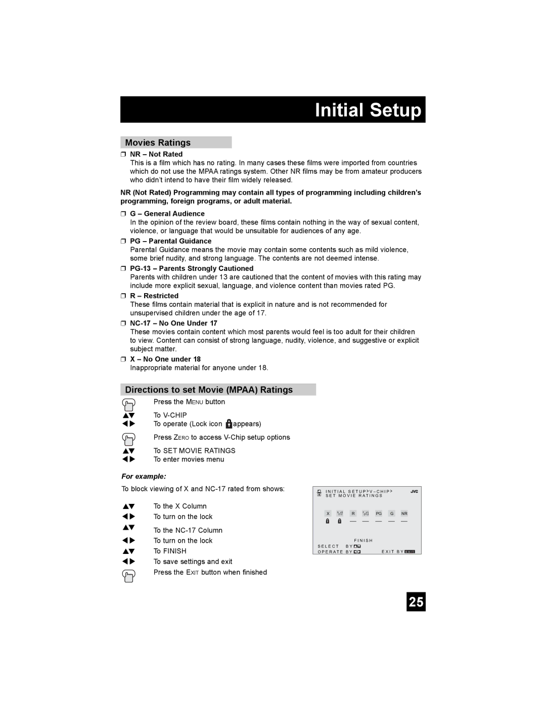 JVC AV-27MF36, AV-32MF36 manual Movies Ratings, Directions to set Movie Mpaa Ratings 