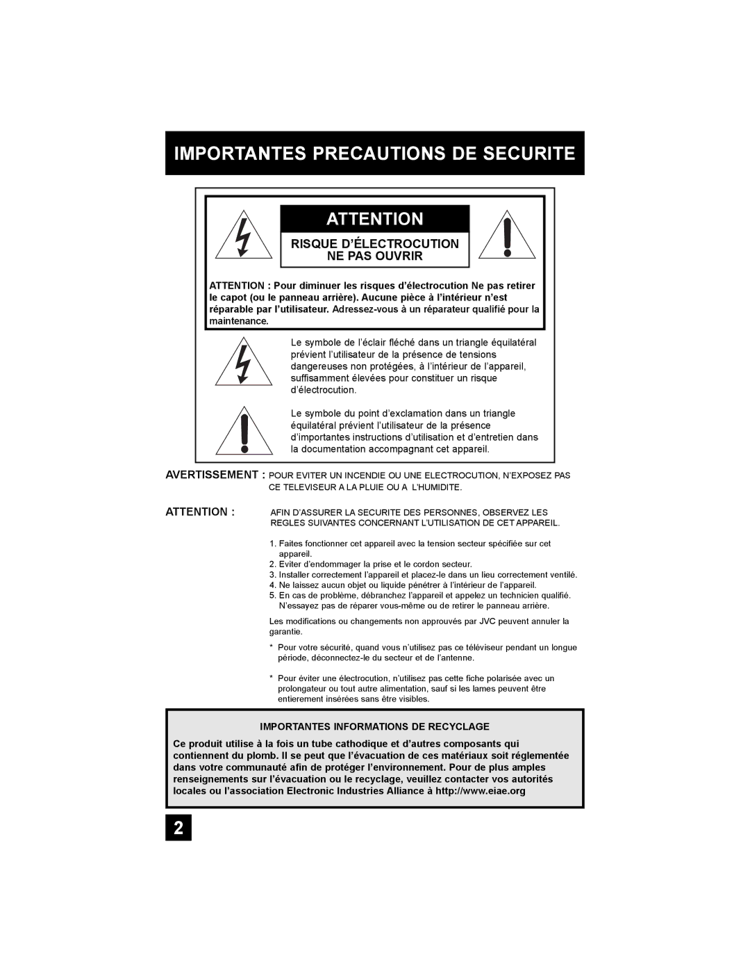 JVC AV-32MF36, AV-27MF36 manual Importantes Precautions DE Securite, Importantes Informations DE Recyclage 