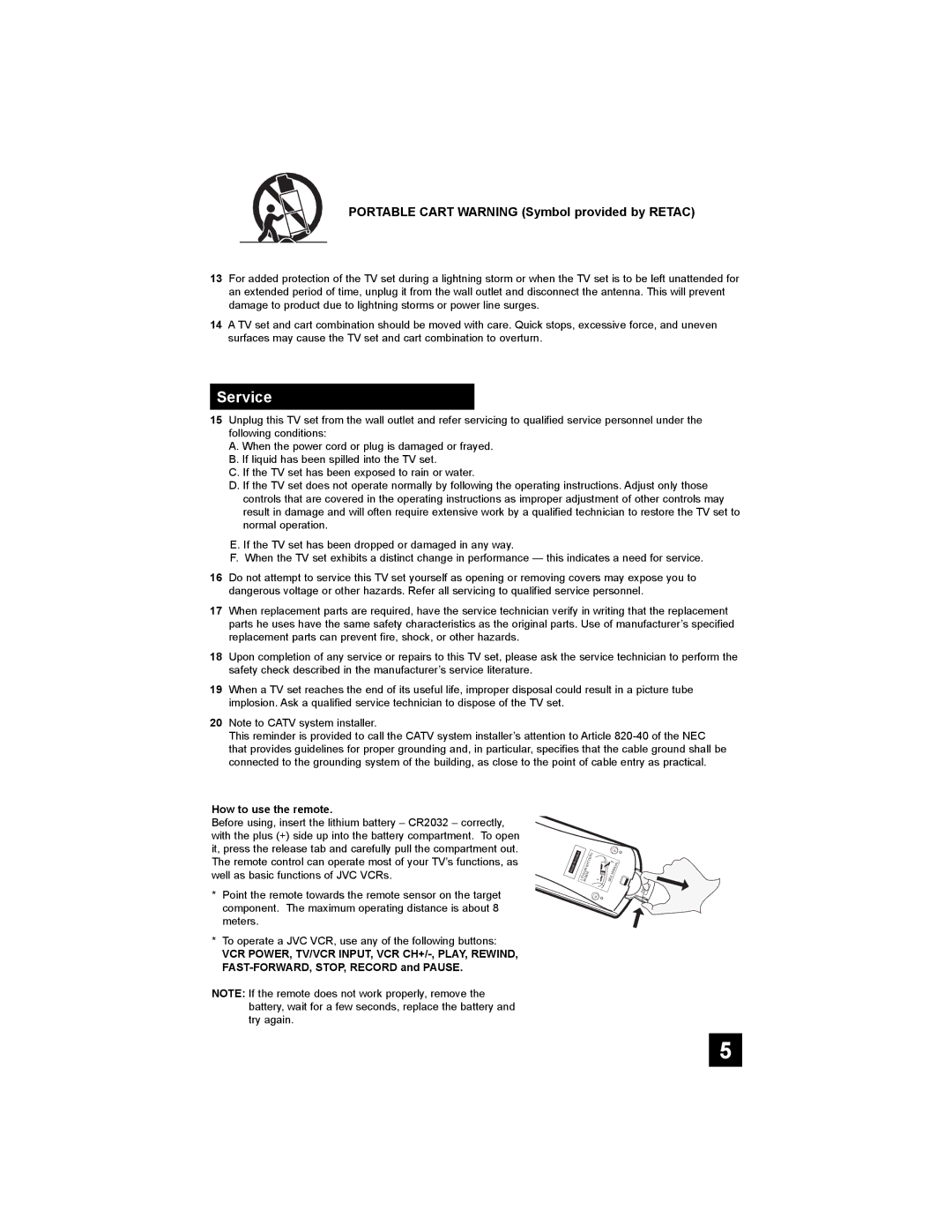 JVC AV-27MF36, AV-32MF36 manual Service, Portable Cart Warning Symbol provided by Retac 