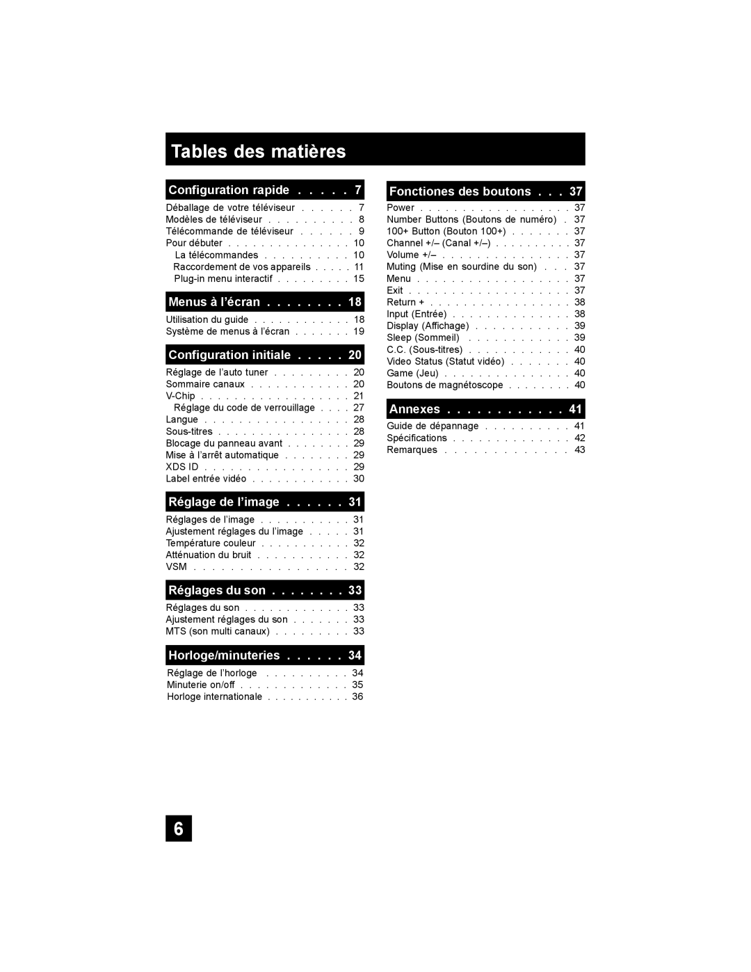 JVC AV-32MF36 Configuration rapide, Menus à l’écran, Configuration initiale, Réglage de l’image, Réglages du son, Annexes 