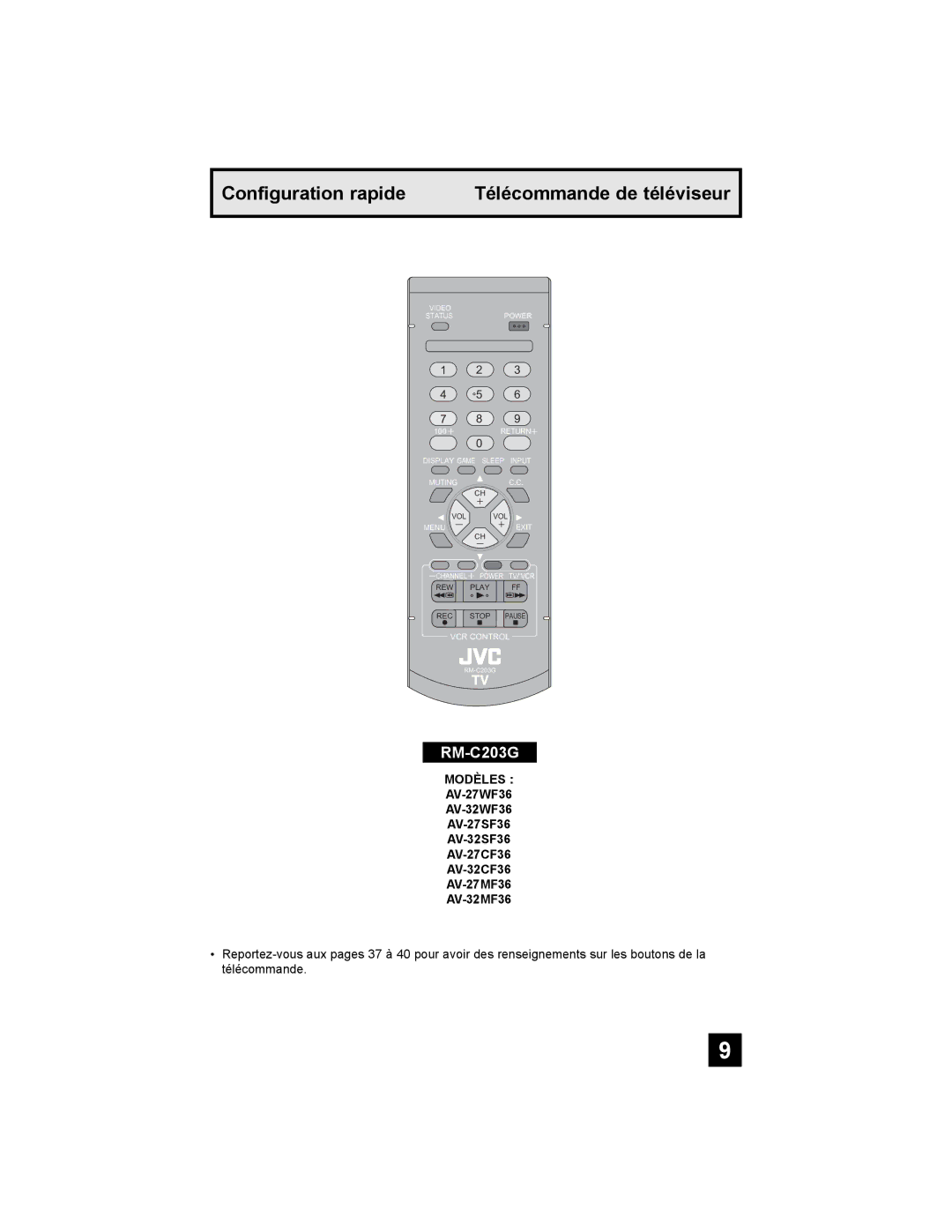 JVC AV-27MF36, AV-32MF36 manual Configuration rapide Télécommande de téléviseur, Modèles 