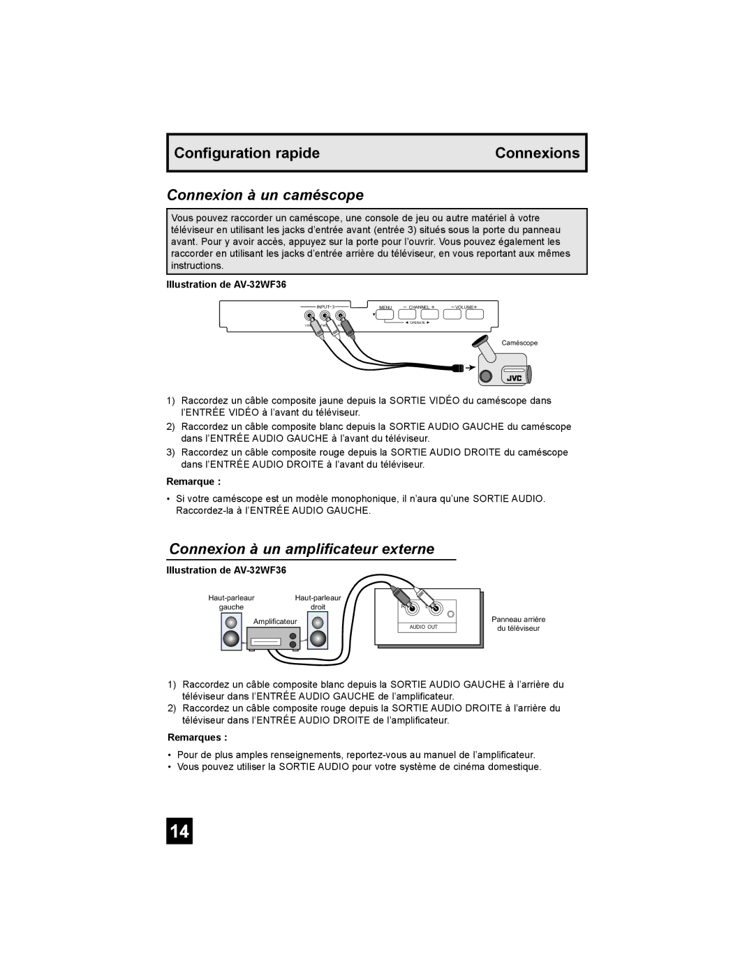 JVC AV-32MF36, AV-27MF36 manual Connexion à un caméscope, Connexion à un amplificateur externe 