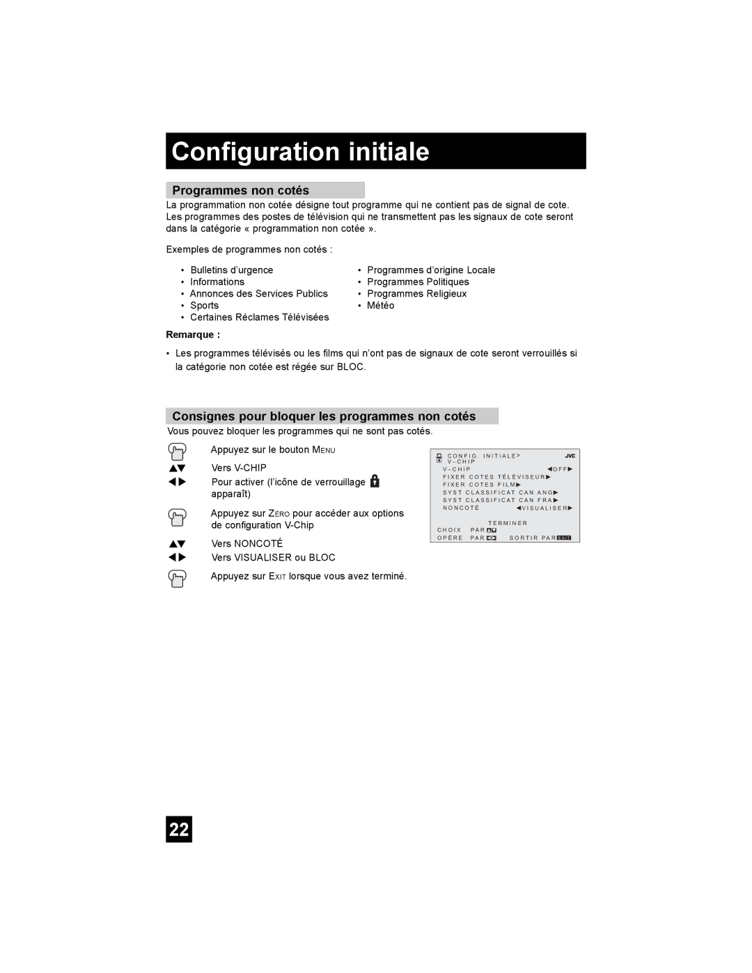 JVC AV-32MF36, AV-27MF36 manual Programmes non cotés, Consignes pour bloquer les programmes non cotés 