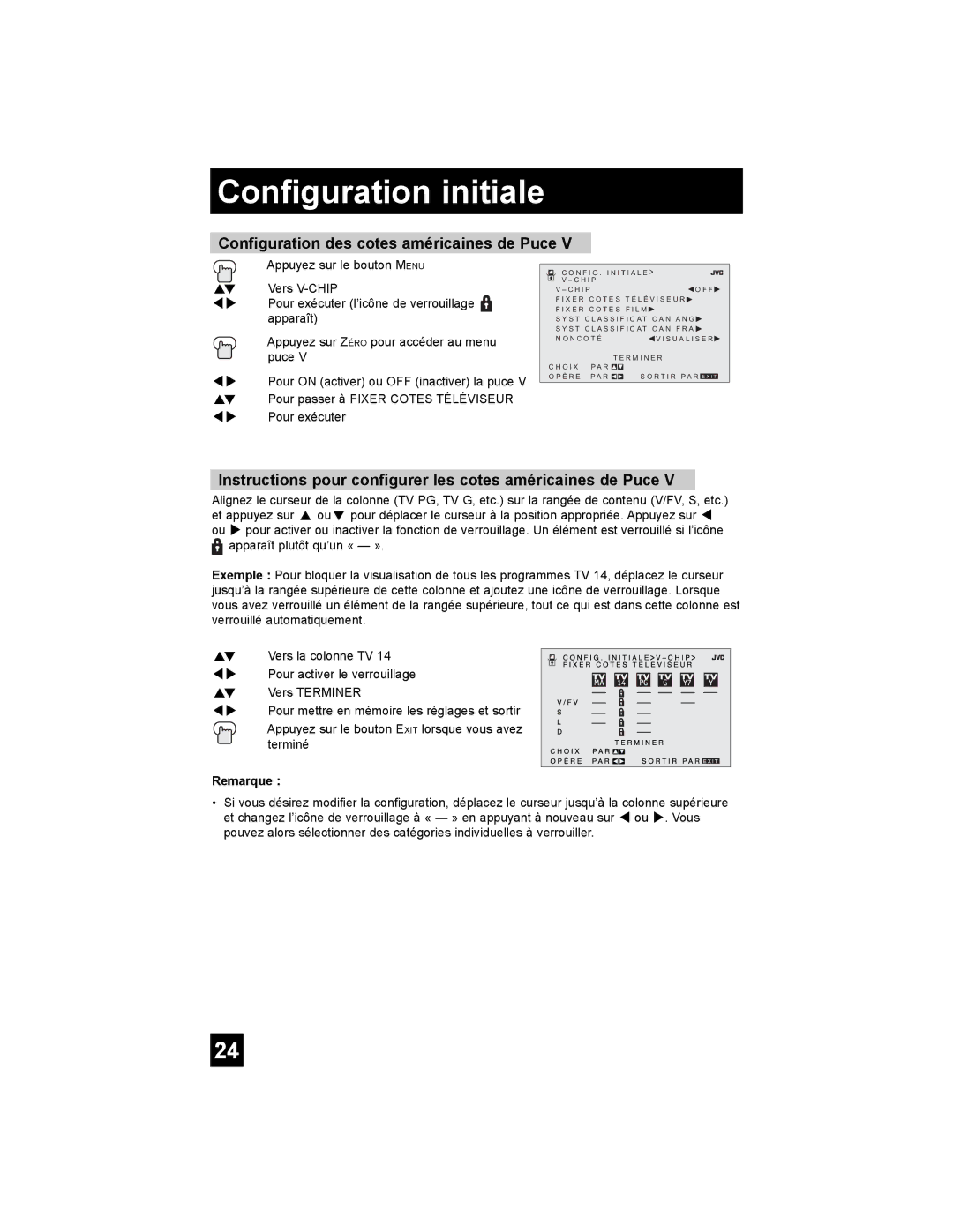 JVC AV-32MF36 Configuration des cotes américaines de Puce, Instructions pour configurer les cotes américaines de Puce 