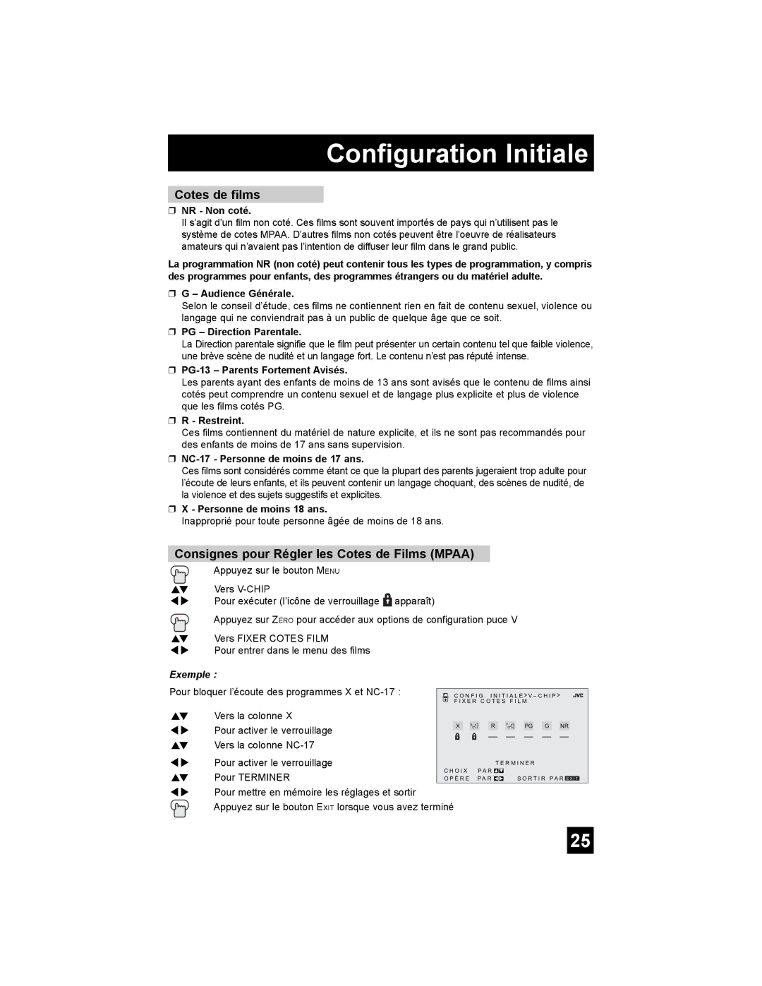 JVC AV-27MF36, AV-32MF36 manual Cotes de films, Consignes pour Régler les Cotes de Films Mpaa 