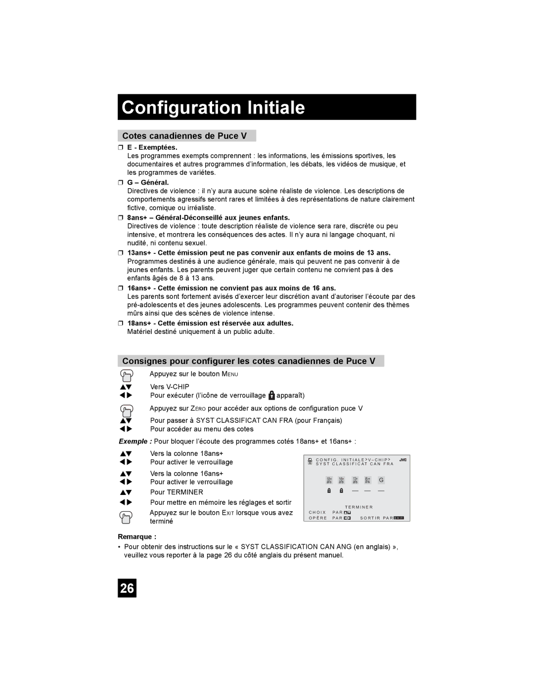 JVC AV-32MF36 manual Cotes canadiennes de Puce, Consignes pour configurer les cotes canadiennes de Puce, Exemptées, Général 