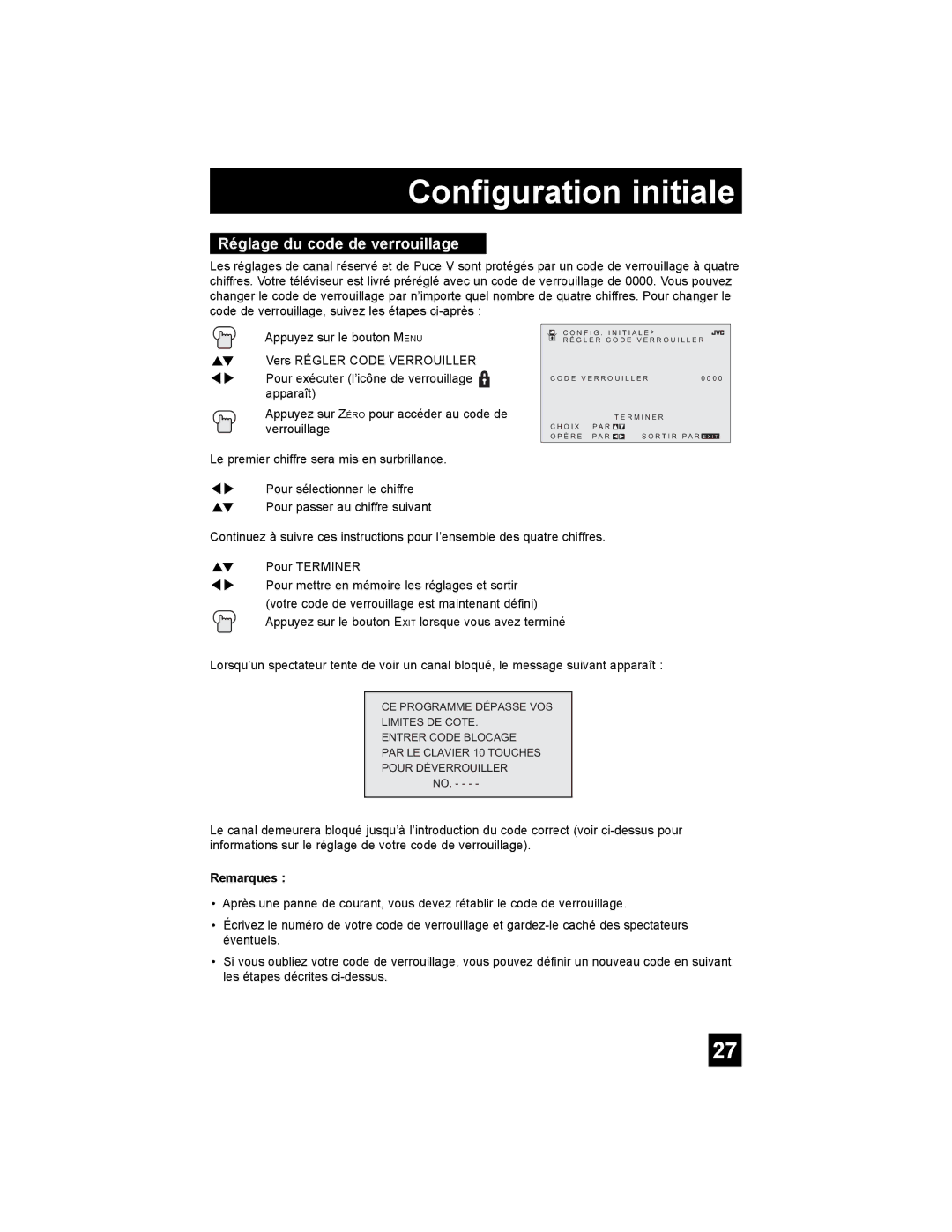 JVC AV-27MF36, AV-32MF36 manual Réglage du code de verrouillage, Remarques 