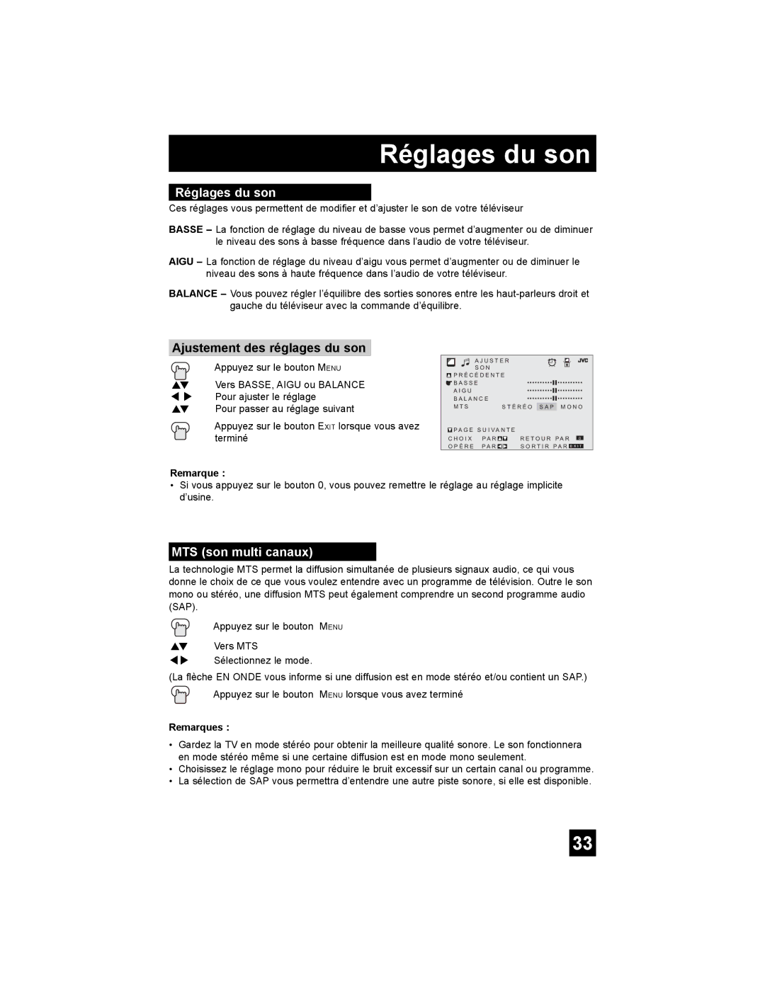 JVC AV-27MF36, AV-32MF36 manual Réglages du son, Ajustement des réglages du son, MTS son multi canaux 