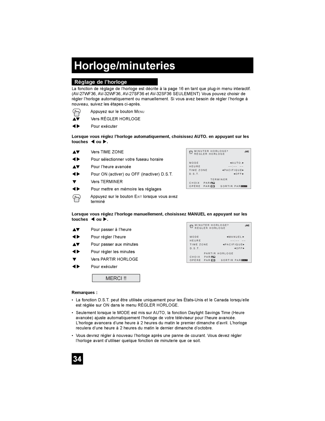 JVC AV-32MF36, AV-27MF36 manual Horloge/minuteries, Réglage de l’horloge 