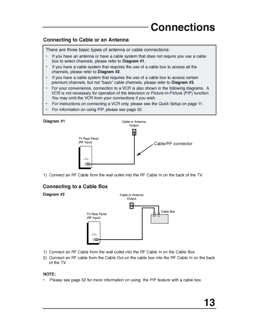 JVC AV 32P903 manual Connections, Connecting to Cable or an Antenna, Connecting to a Cable Box, Diagram #1, Diagram #2 