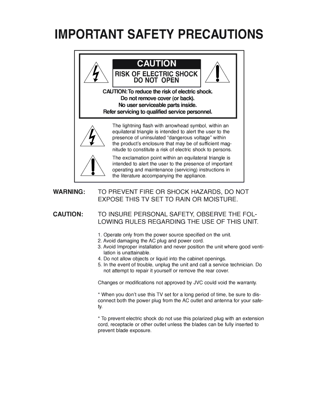 JVC AV 32P903 manual Important Safety Precautions 