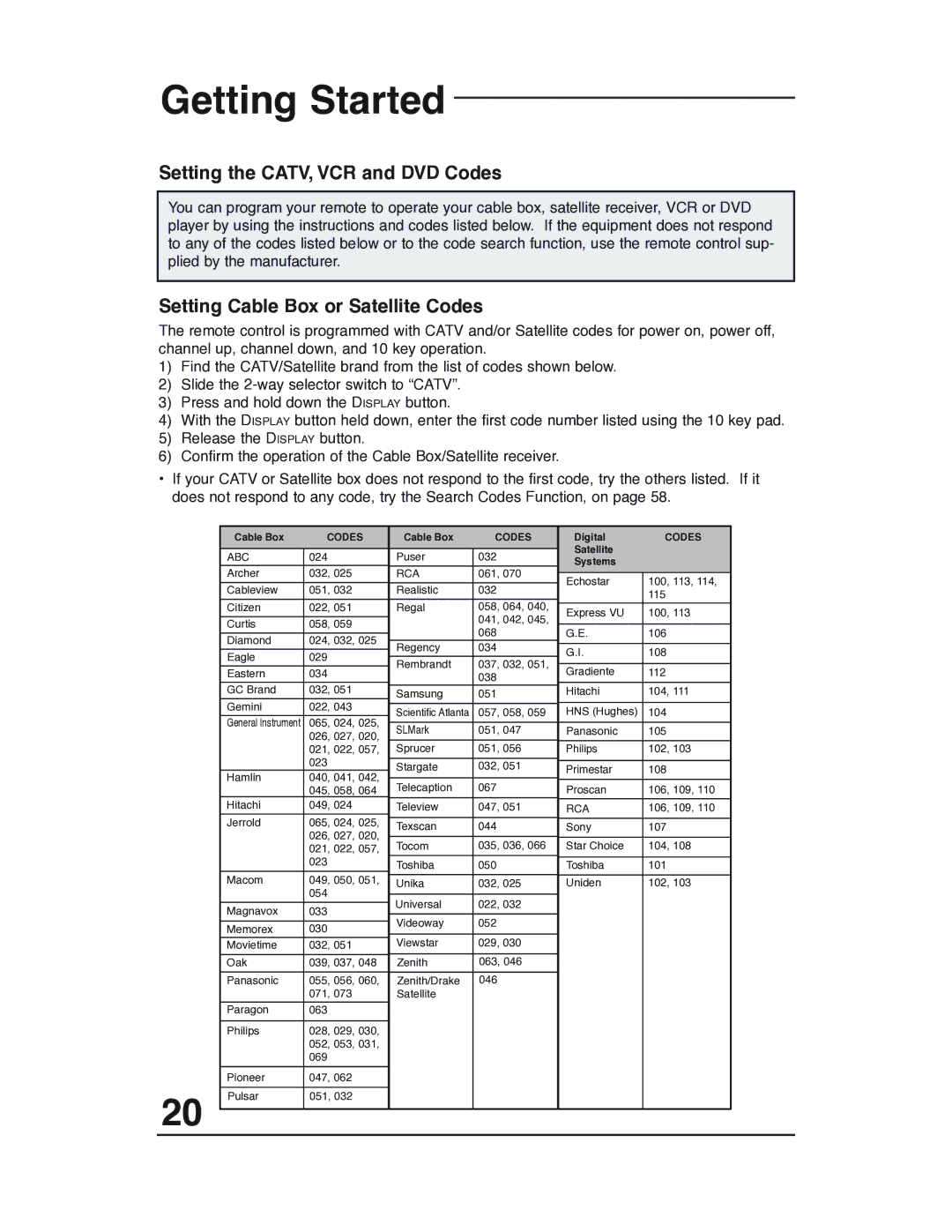 JVC AV 32P903 manual Setting the CATV, VCR and DVD Codes, Setting Cable Box or Satellite Codes 