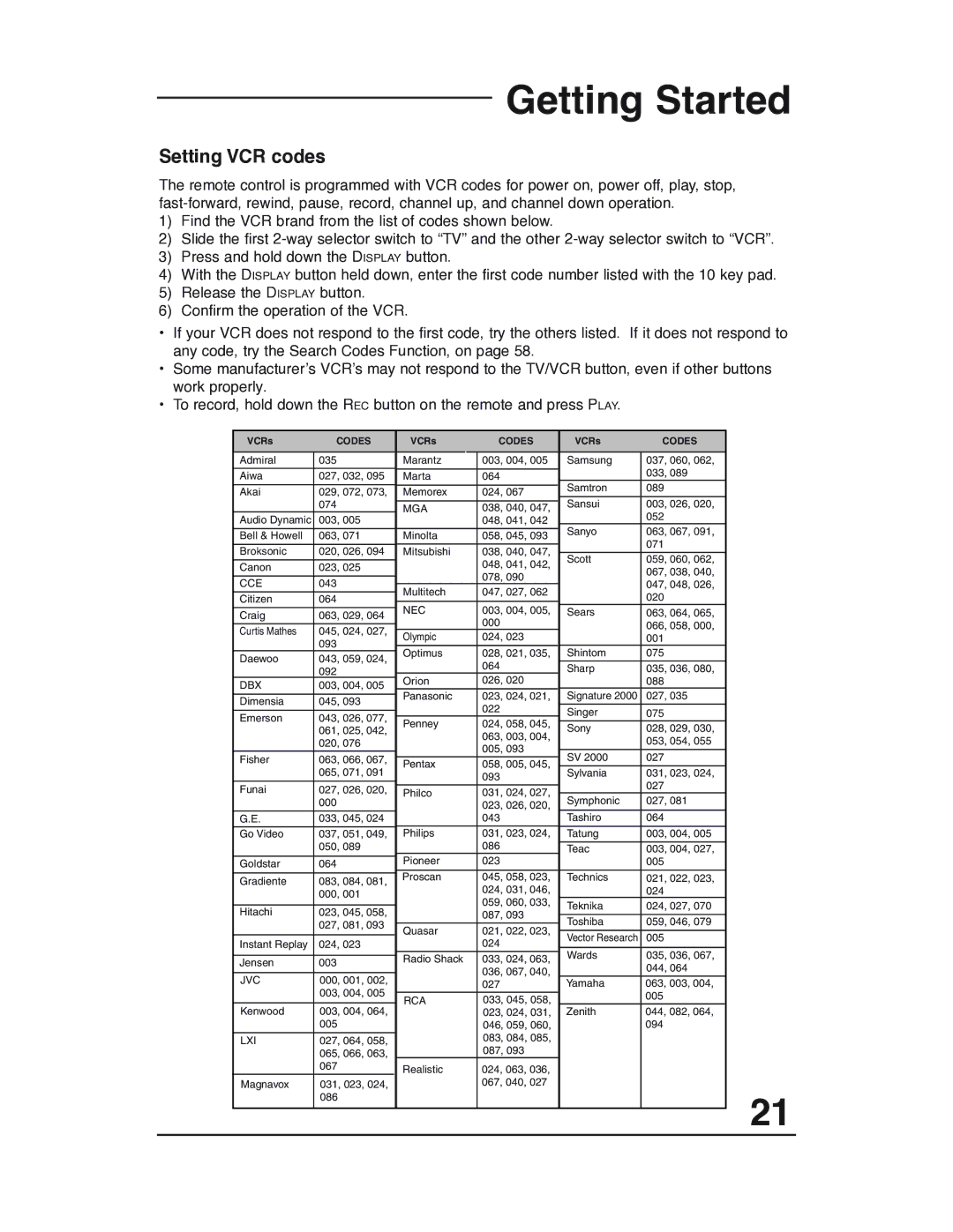 JVC AV 32P903 manual Setting VCR codes, Mga 