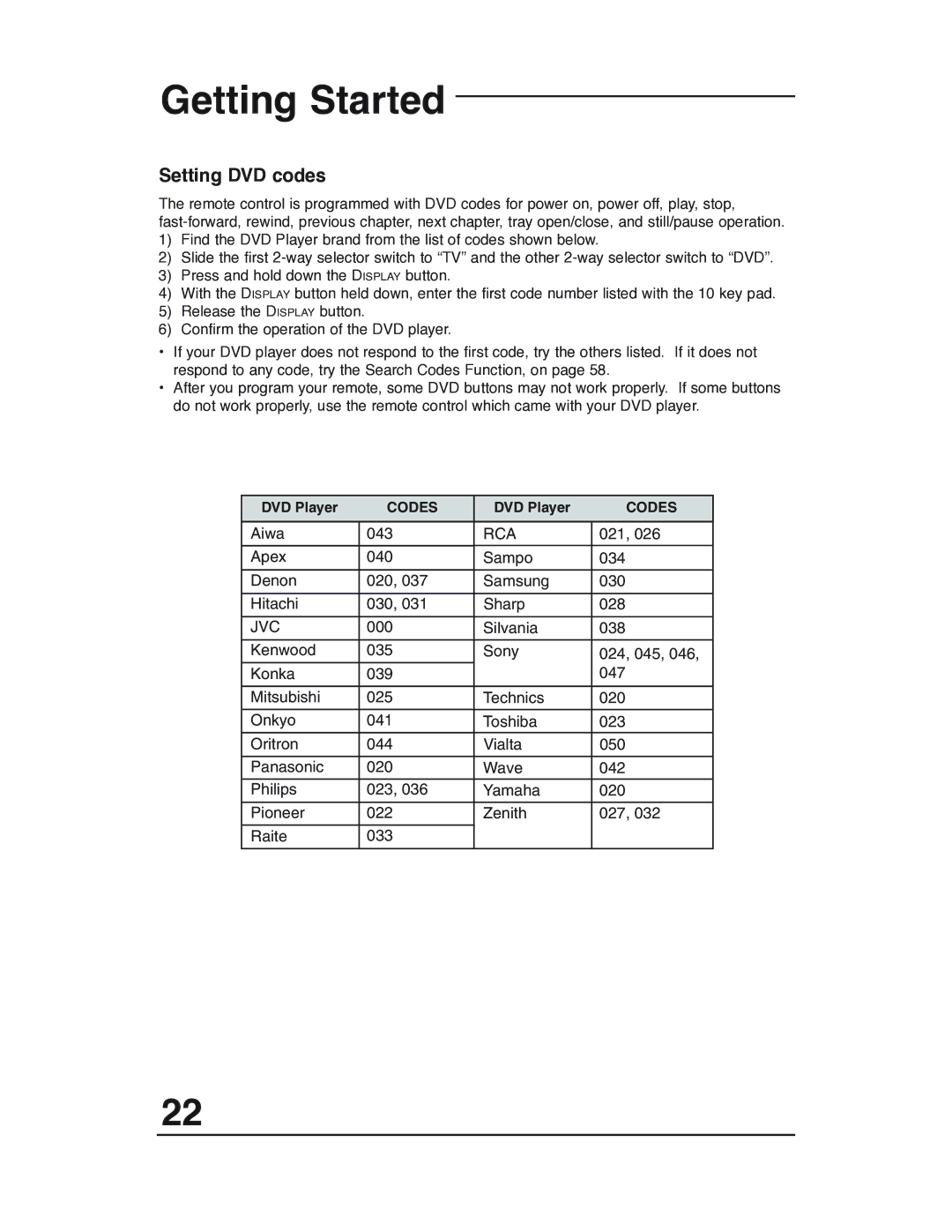 JVC AV 32P903 manual Setting DVD codes, Jvc 