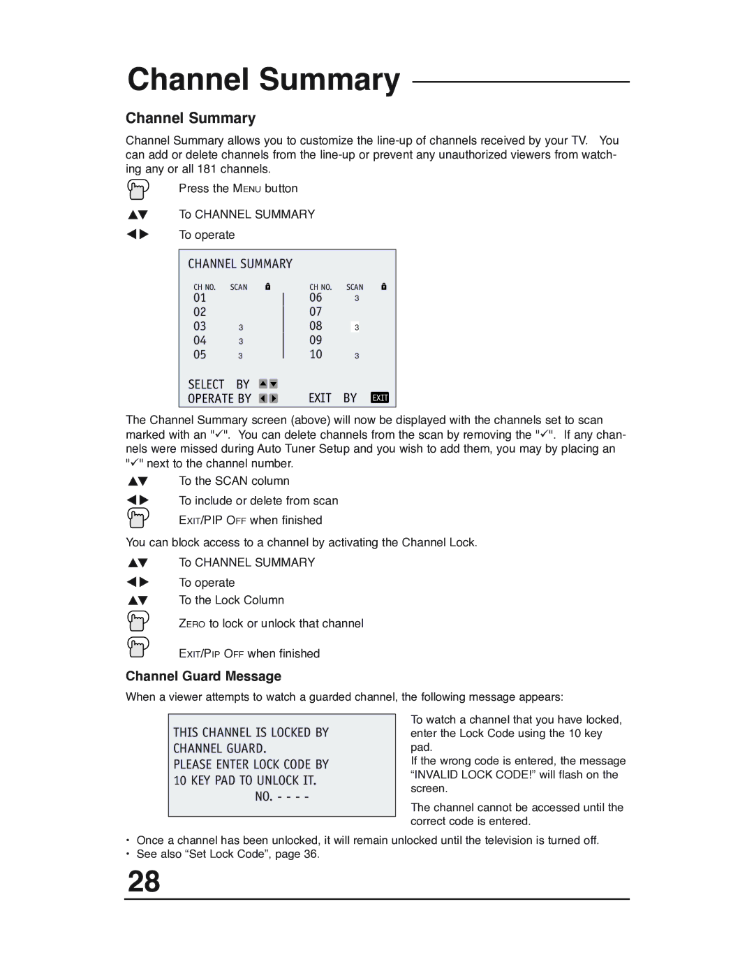 JVC AV 32P903 manual Channel Summary, Exit, This Channel is Locked by Channel Guard 