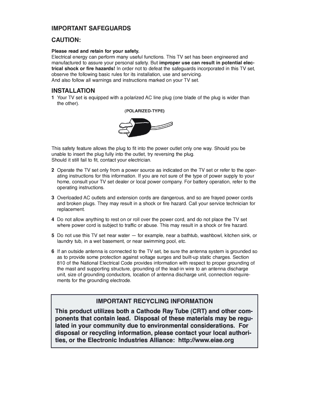 JVC AV 32P903 Important Safeguards, Installation, Important Recycling Information, Please read and retain for your safety 