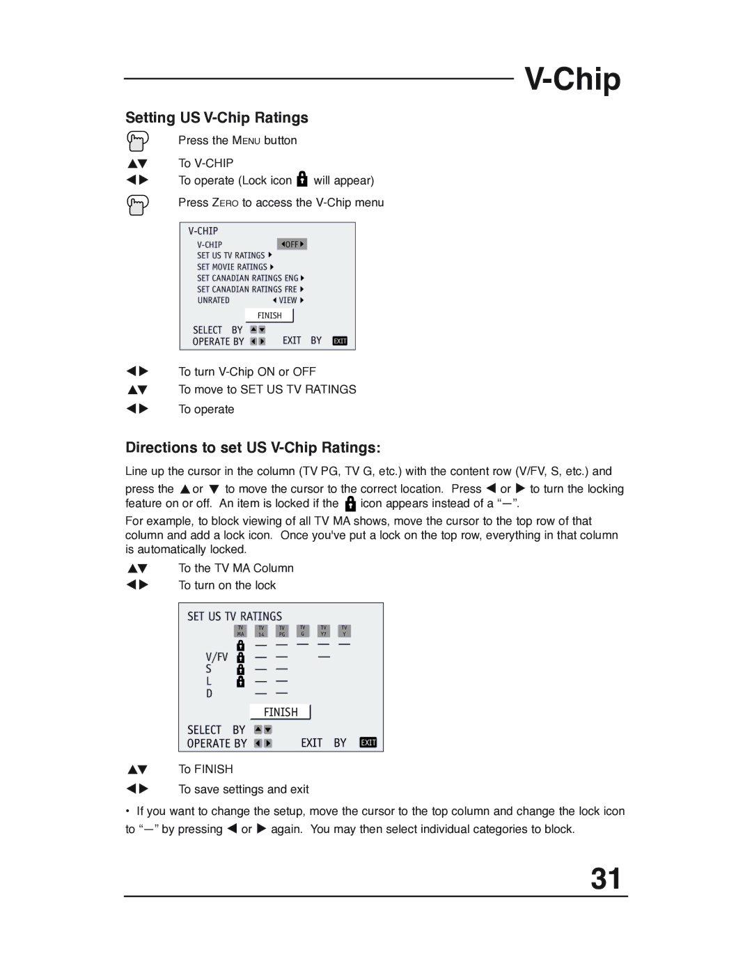 JVC AV 32P903 manual Setting US V-Chip Ratings, Directions to set US V-Chip Ratings 