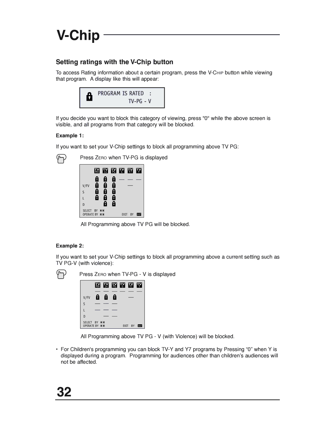 JVC AV 32P903 manual Setting ratings with the V-Chip button, Program is Rated TV-PG, Example 