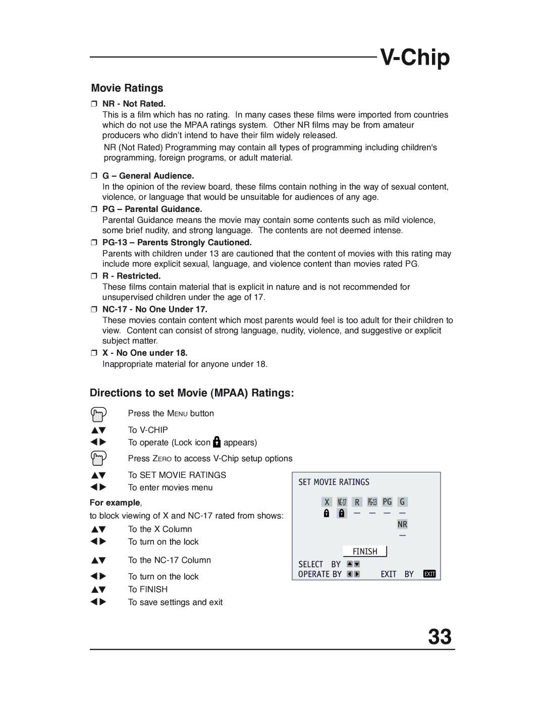 JVC AV 32P903 manual Movie Ratings, Directions to set Movie Mpaa Ratings 