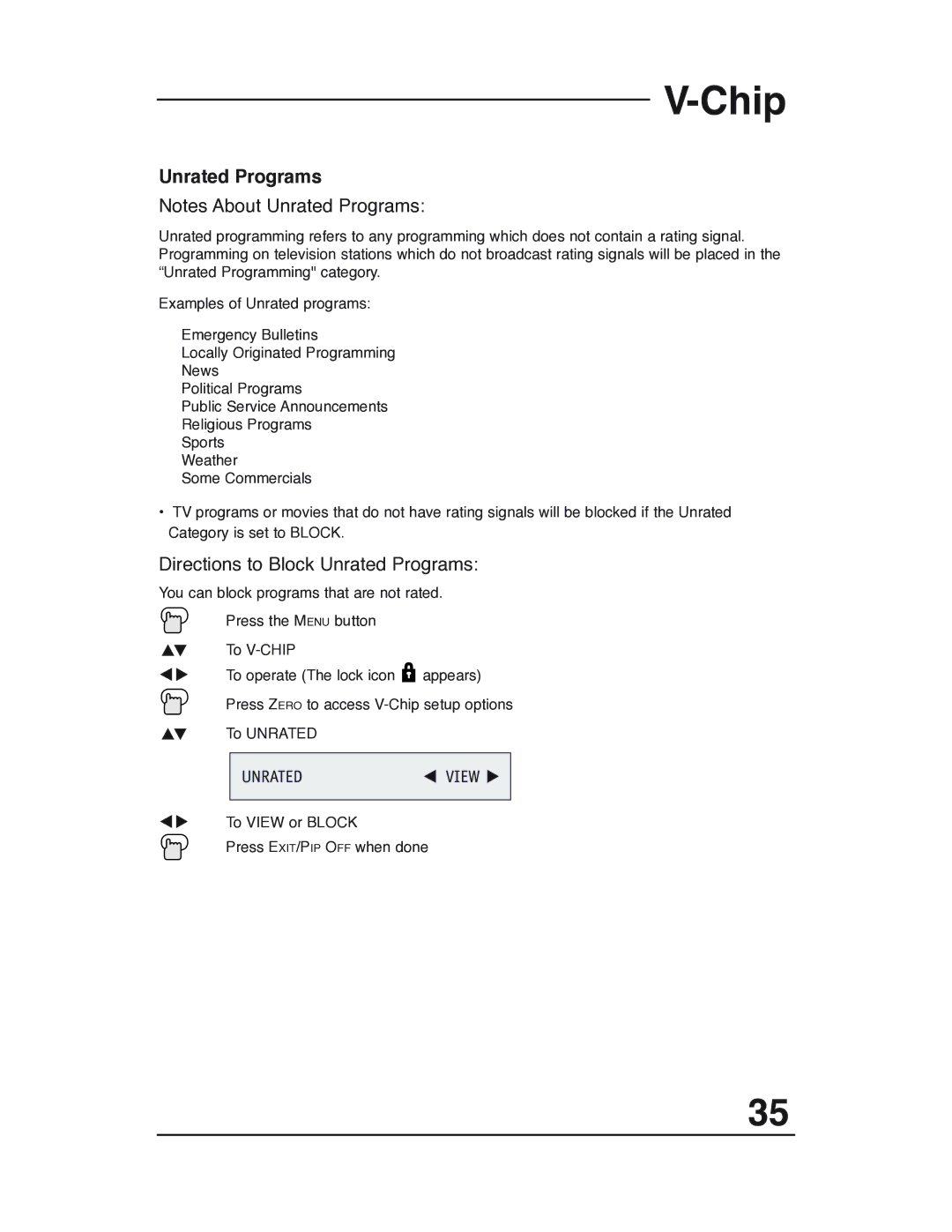 JVC AV 32P903 manual Unrated Programs, Unratedview 