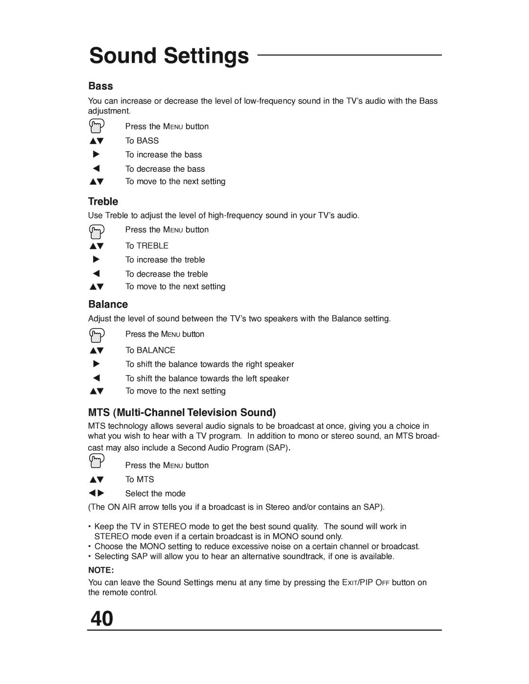 JVC AV 32P903 manual Sound Settings, Bass, Treble, Balance, MTS Multi-Channel Television Sound 