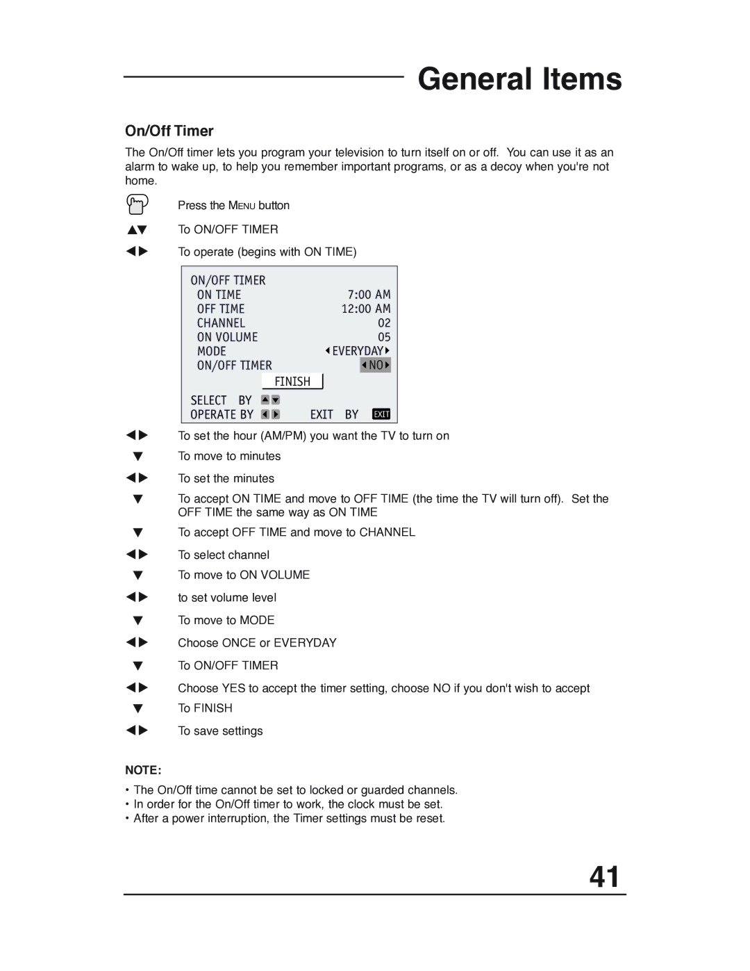 JVC AV 32P903 manual General Items, On/Off Timer, On Time OFF Time, Channel On Volume Mode 