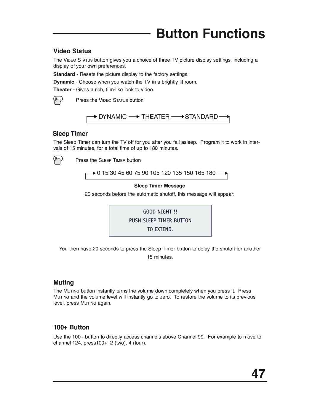 JVC AV 32P903 manual Video Status, Muting, 100+ Button, Good Night Push Sleep Timer Button To Extend 