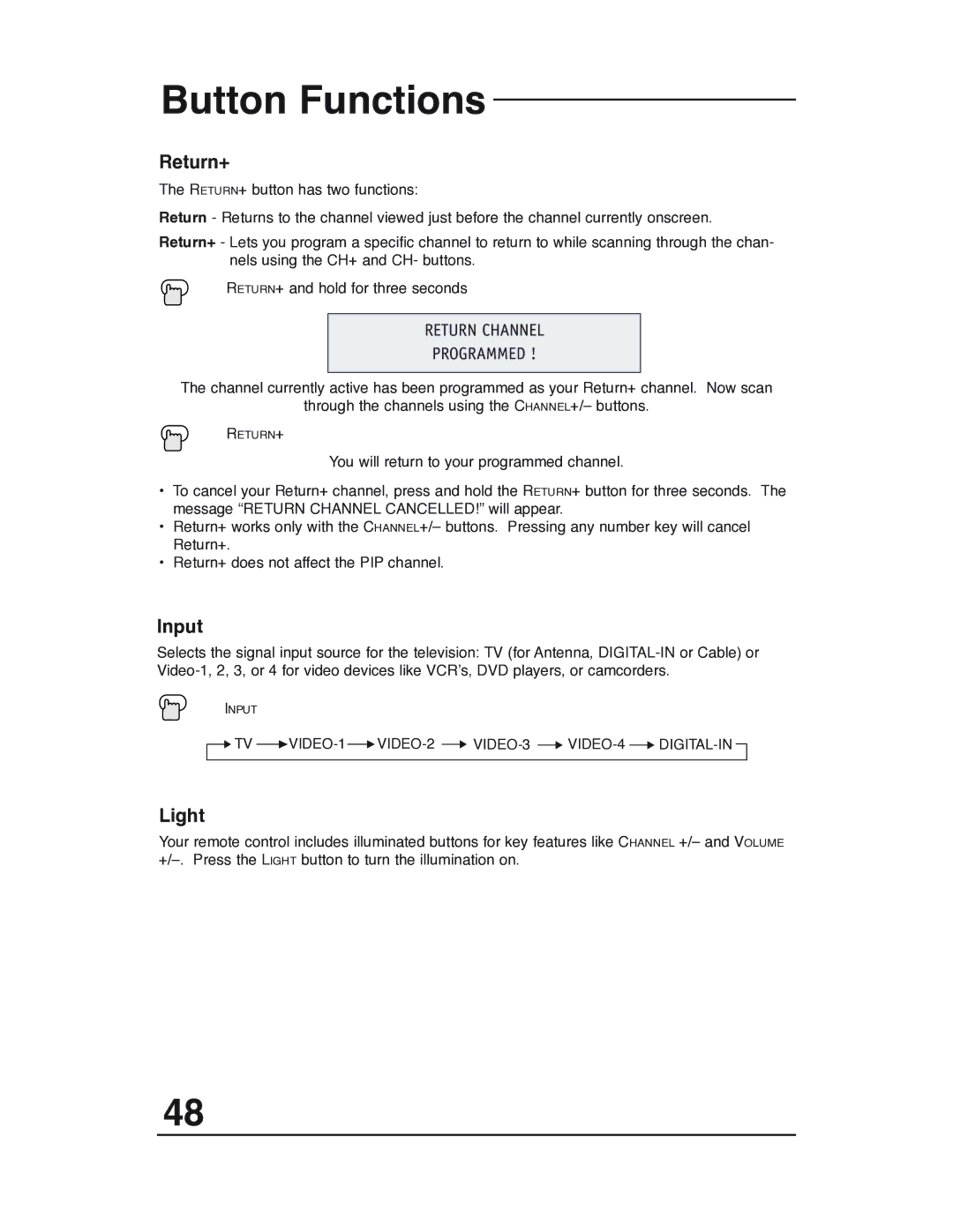 JVC AV 32P903 manual Return+, Input, Light, Return Channel Programmed 