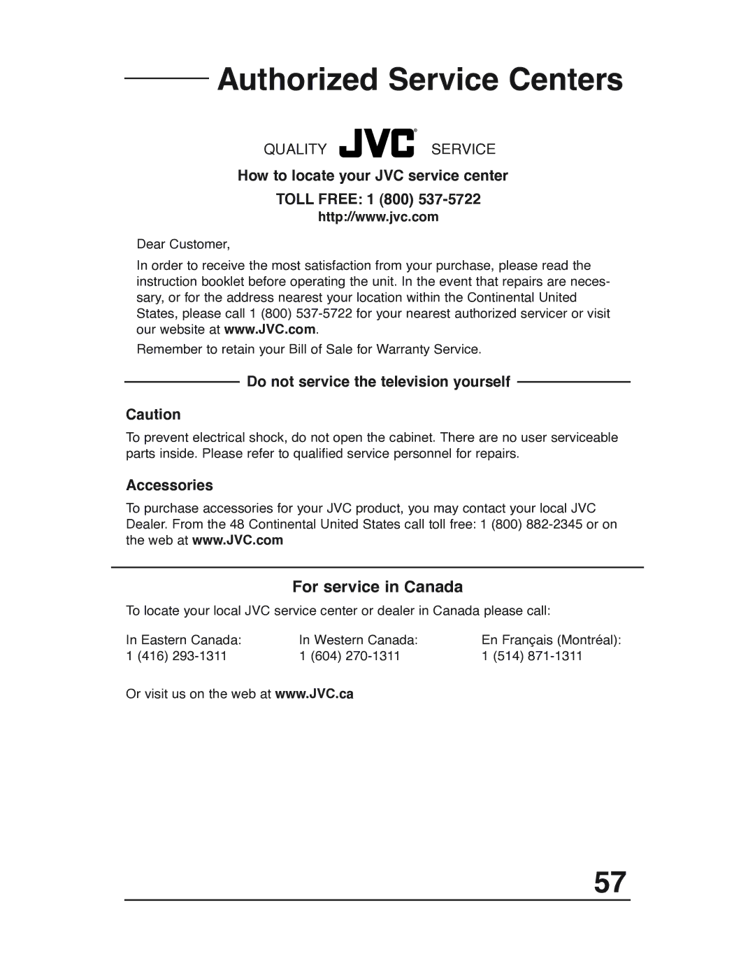 JVC AV 32P903 manual Authorized Service Centers, How to locate your JVC service center Toll Free 1 800, Accessories 