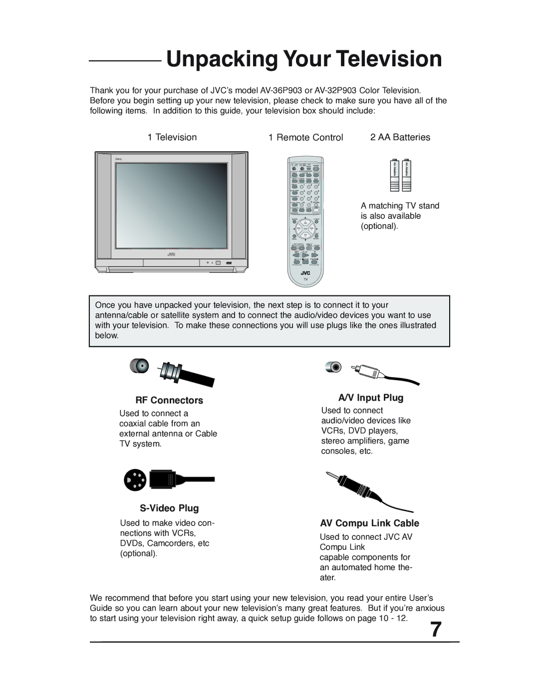 JVC AV 32P903 manual Unpacking Your Television, Television Remote Control AA Batteries 